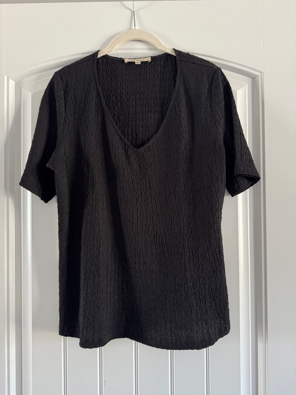 Women's Black V-Neck Textured Short Sleeve Top